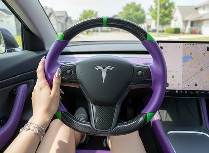 Purple and green leather black carbon fiber Tesla Model Y steering wheel - DYNA (2020-2024) Axeco