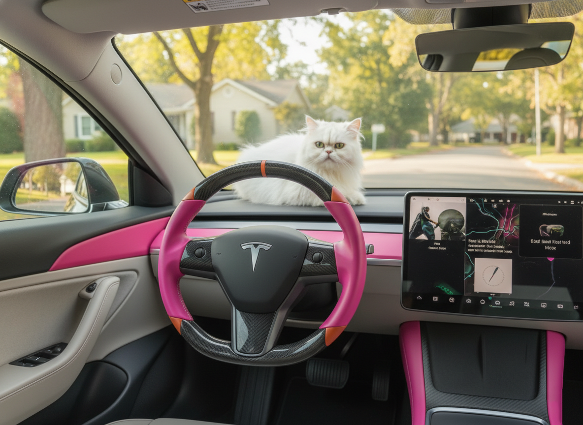 Pink and orange Carbon Fiber Tesla Model 3 Custom Steering Wheel -DYNA(2017-2023.9) Axeco