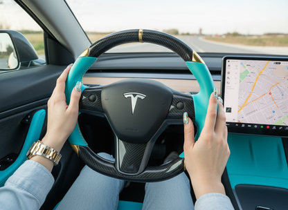 Light blue and gold leather black carbon fiber Tesla Model Y steering wheel - DYNA (2020-2024) Axeco