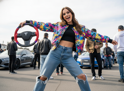 Red and purple leather black carbon fiber Tesla Model Y steering wheel - DYNA (2020-2024) Axeco