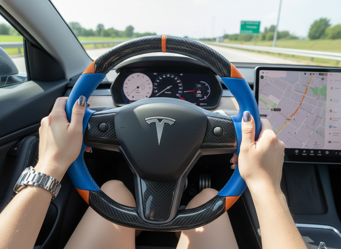 Blue and orange Carbon Fiber Tesla Model 3 Custom Steering Wheel -DYNA(2017-2023.9) Axeco