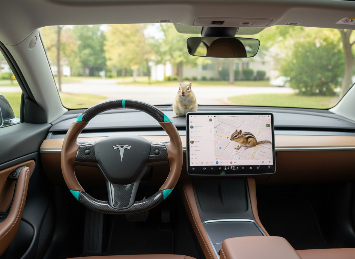 Brown and light blue leather black carbon fiber Tesla Model Y steering wheel - DYNA (2020-2024) Axeco