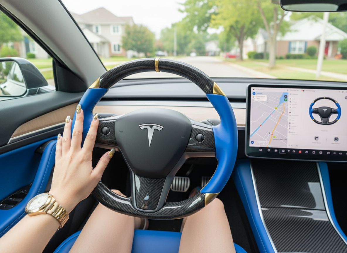 Blue and gold leather black carbon fiber Tesla Model Y steering wheel - DYNA (2020-2024) Axeco