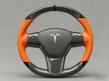 Orange and black Carbon Fiber Tesla Model 3 Custom Steering Wheel -DYNA(2017-2023.9) Axeco