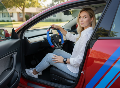 Blue and Red Carbon Fiber Tesla Model 3 Custom Steering Wheel -DYNA(2017-2023.9) Axeco
