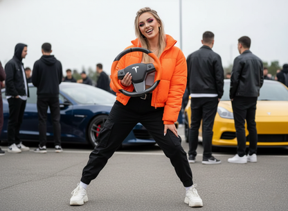 Orange and black leather black carbon fiber Tesla Model Y steering wheel - DYNA (2020-2024) Axeco