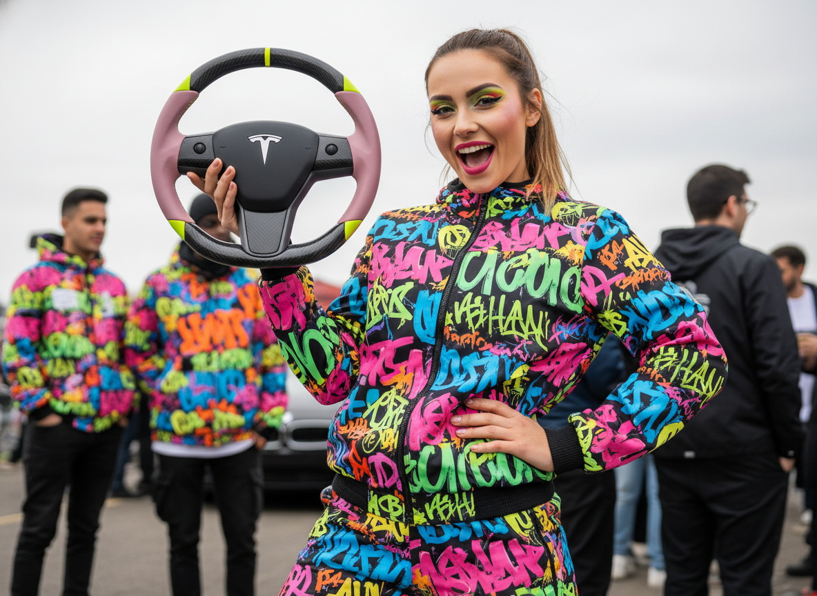 Pink and yellow Carbon Fiber Tesla Model 3 Custom Steering Wheel -DYNA(2017-2023.9) Axeco