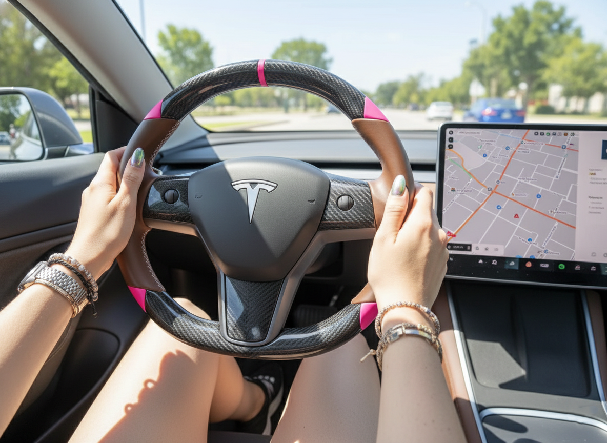 Brown and pink Carbon Fiber Tesla Model 3 Custom Steering Wheel -DYNA(2017-2023.9) Axeco