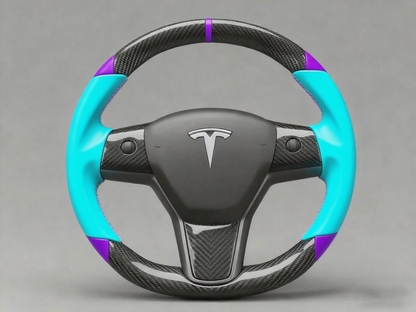 Light blue and purple leather black carbon fiber Tesla Model Y steering wheel - DYNA (2020-2024) Axeco