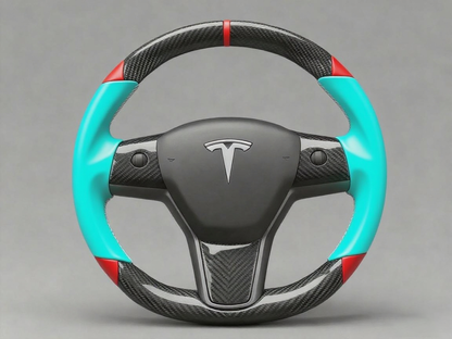 Mint green and red Carbon Fiber Tesla Model 3 Custom Steering Wheel -DYNA(2017-2023.9) Axeco