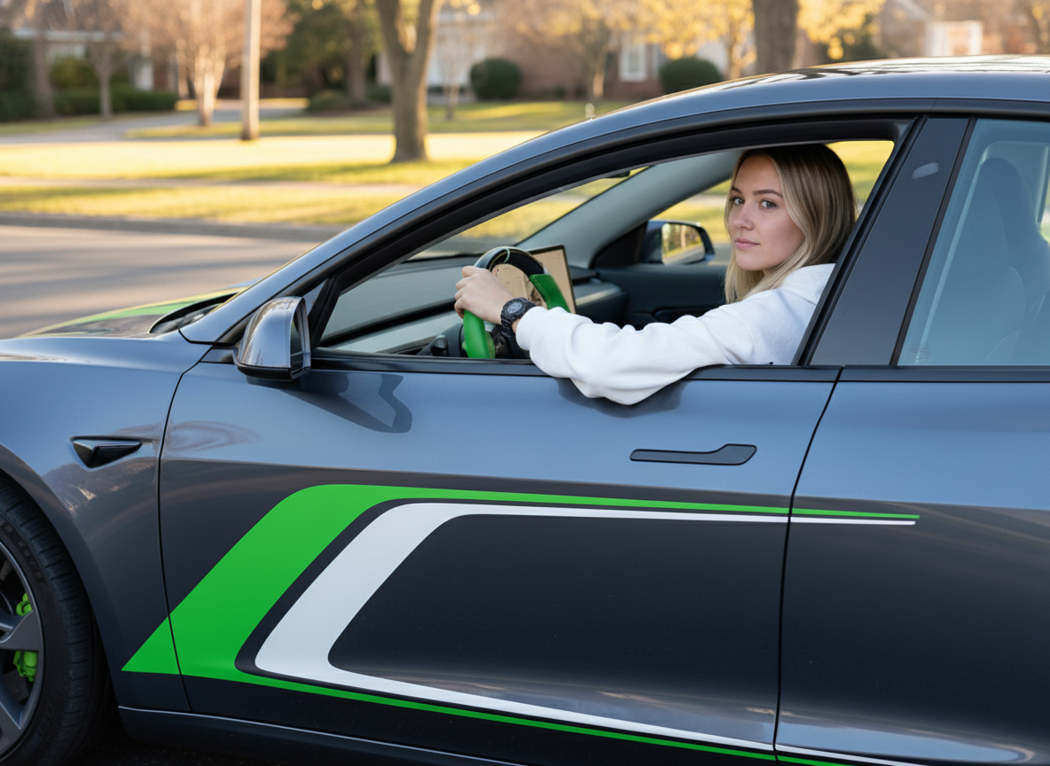 Green and white Carbon Fiber Tesla Model 3 Custom Steering Wheel -DYNA(2017-2023.9) Axeco
