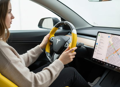 Yellow and white Carbon Fiber Tesla Model 3 Custom Steering Wheel -DYNA(2017-2023.9) Axeco