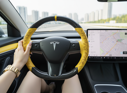 Yellow Leaf Vein Pattern Carbon Fiber Tesla Model Y Steering Wheel - DYNA (2020-2024) Axeco