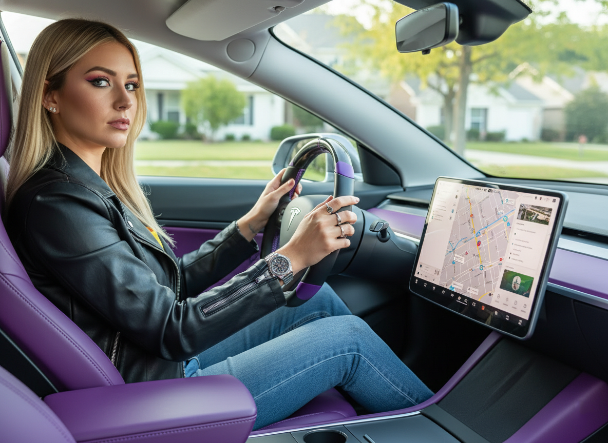 Black and purple leather black carbon fiber Tesla Model Y steering wheel - DYNA (2020-2024) Axeco