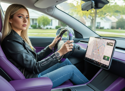 Black and purple leather black carbon fiber Tesla Model Y steering wheel - DYNA (2020-2024) Axeco