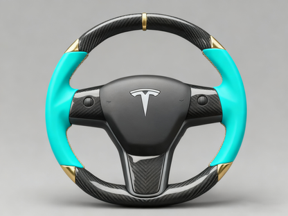 Light blue and gold leather black carbon fiber Tesla Model Y steering wheel - DYNA (2020-2024) Axeco