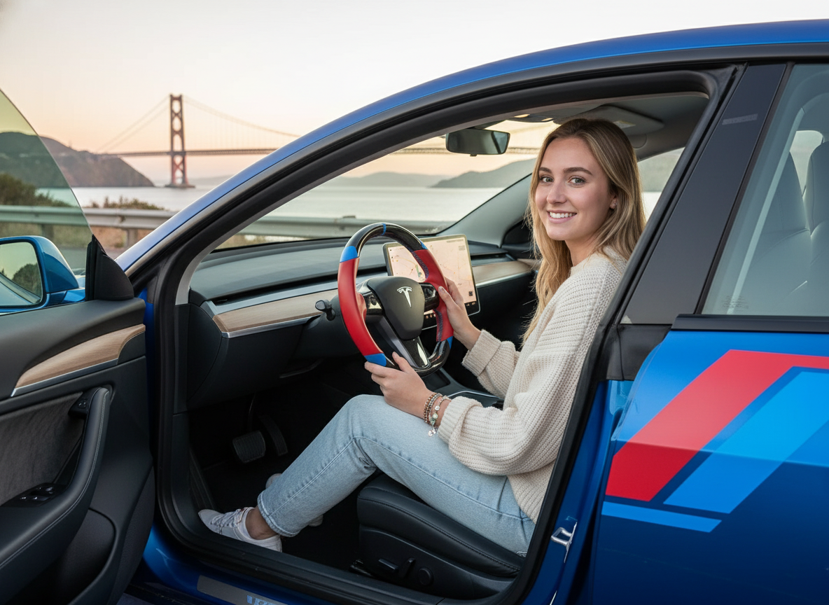 red and blue leather black carbon fiber Tesla Model Y steering wheel - DYNA (2020-2024) Axeco
