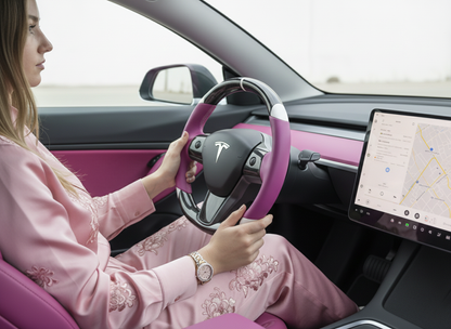 Pinkish purple and white leather black carbon fiber Tesla Model Y steering wheel - DYNA (2020-2024) Axeco