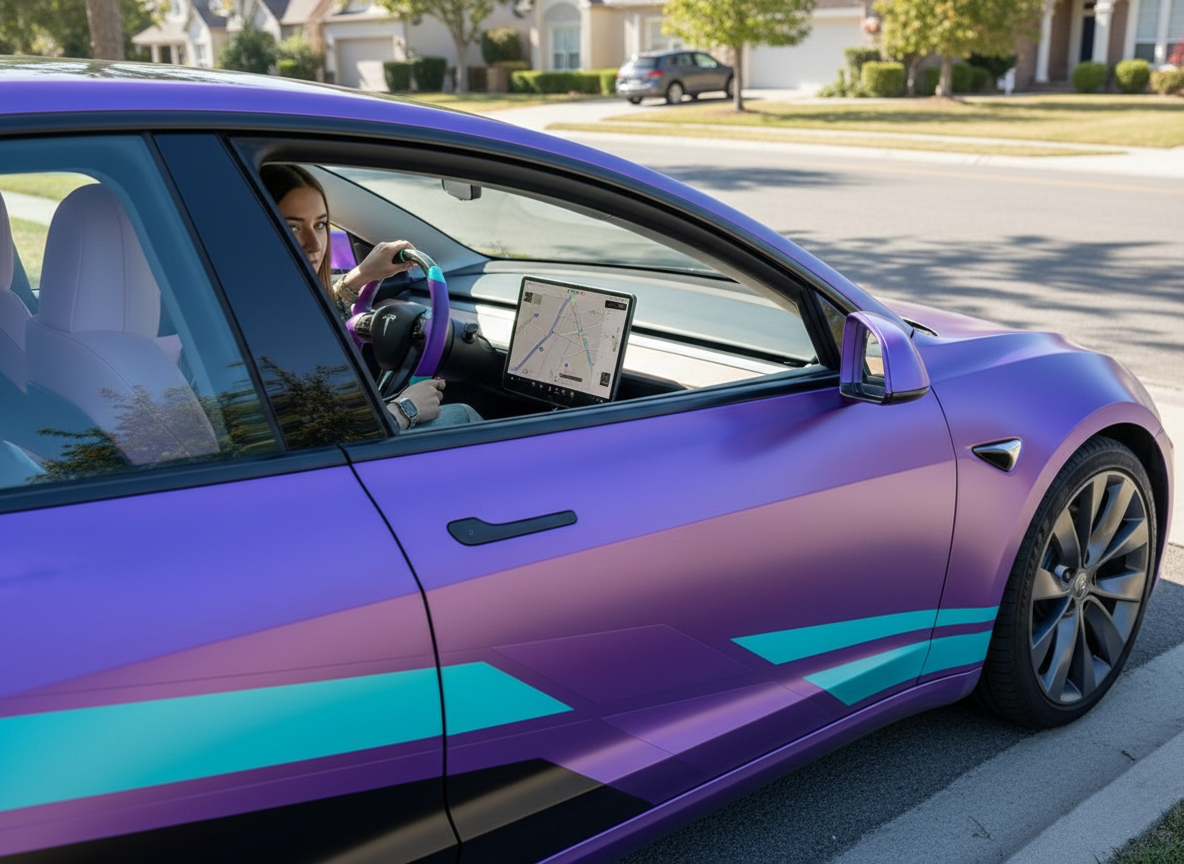 Purple and light blue leather black carbon fiber Tesla Model Y steering wheel - DYNA (2020-2024) Axeco