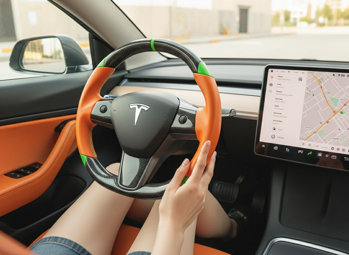 Orange and green leather black carbon fiber Tesla Model Y steering wheel - DYNA (2020-2024) Axeco