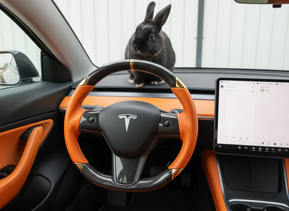 Orange and gold leather black carbon fiber Tesla Model Y steering wheel - DYNA (2020-2024) Axeco