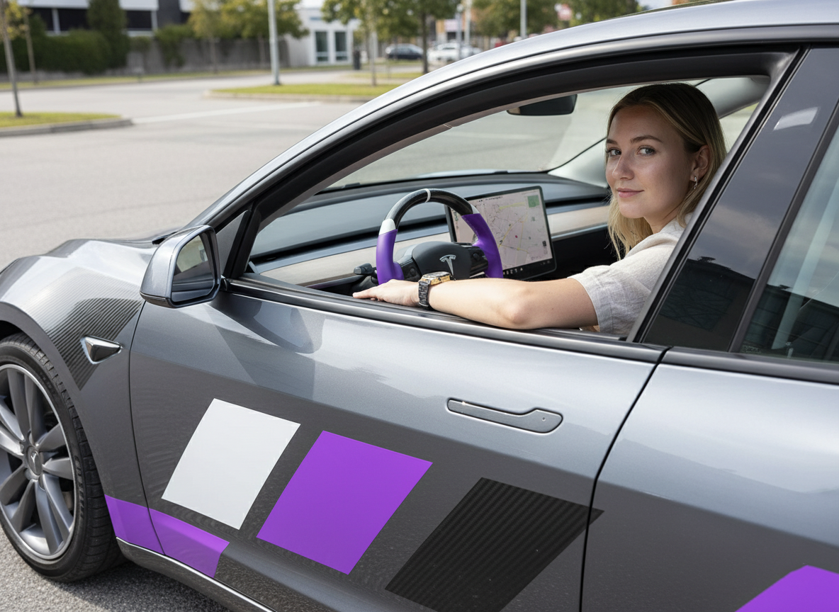 Purple and white Carbon Fiber Tesla Model 3 Custom Steering Wheel -DYNA(2017-2023.9) Axeco