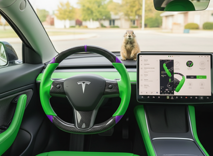 Green and purple leather black carbon fiber Tesla Model Y steering wheel - DYNA (2020-2024) Axeco