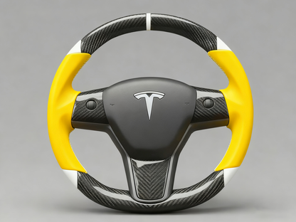 Yellow and white Carbon Fiber Tesla Model 3 Custom Steering Wheel -DYNA(2017-2023.9) Axeco