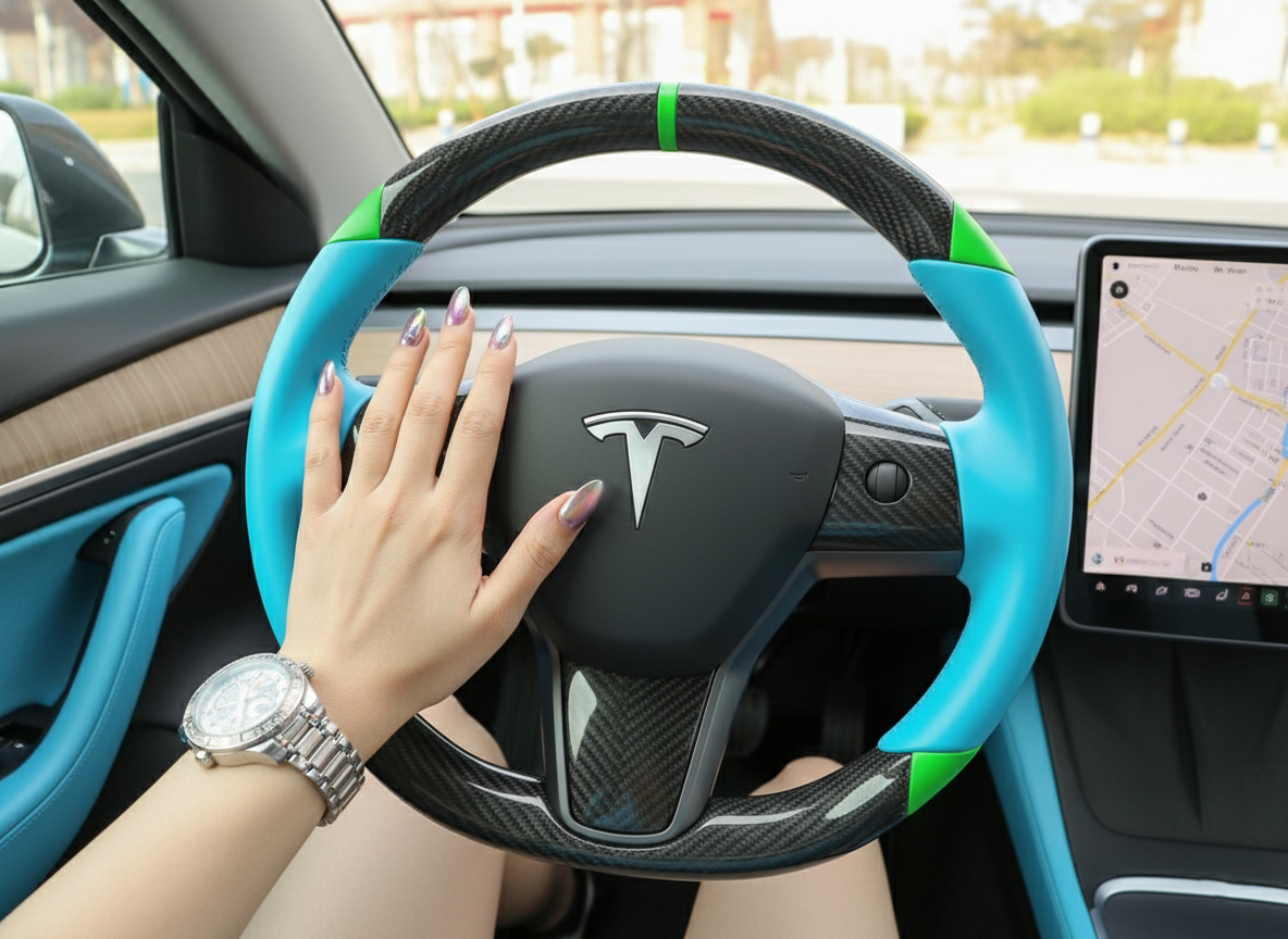 Blue and green leather black carbon fiber Tesla Model Y steering wheel - DYNA (2020-2024) Axeco