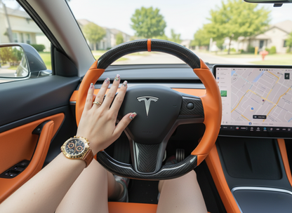Hermès Orange Carbon Fiber Tesla Model Y Steering Wheel - DYNA (2020-2024) Axeco