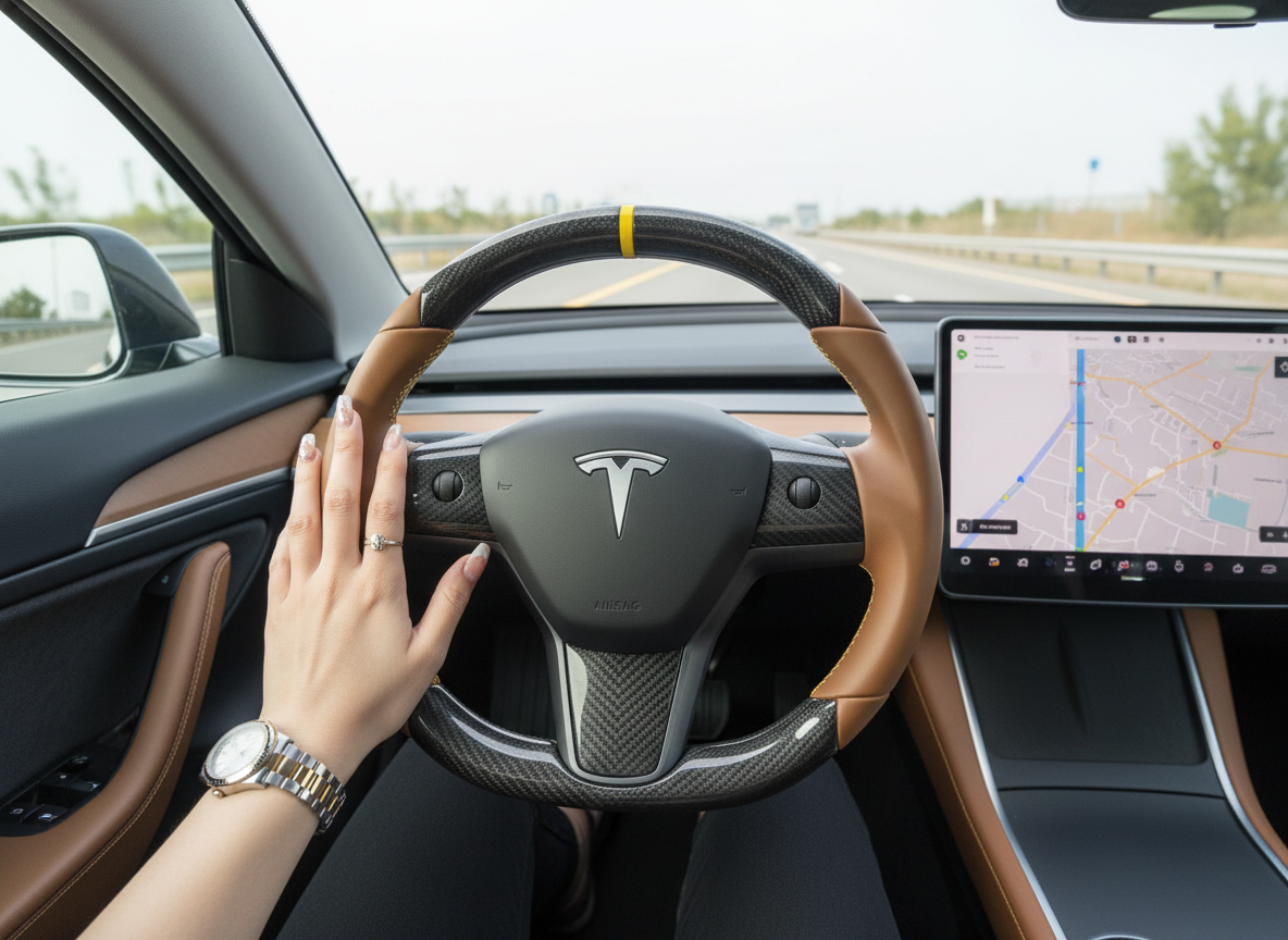 Yellow-Brown Carbon Fiber Tesla Model 3 Steering Wheel - DYNA (2017-2023.8) Axeco