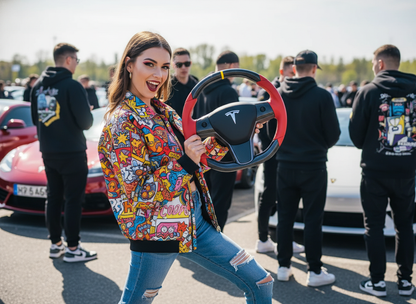 Red Black and Yellow Carbon Fiber Tesla Model 3 Steering Wheel-DYNA(2017.2023.8) Axeco