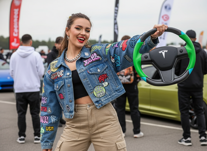 Green and light blue leather black carbon fiber Tesla Model Y steering wheel - DYNA (2020-2024) Axeco