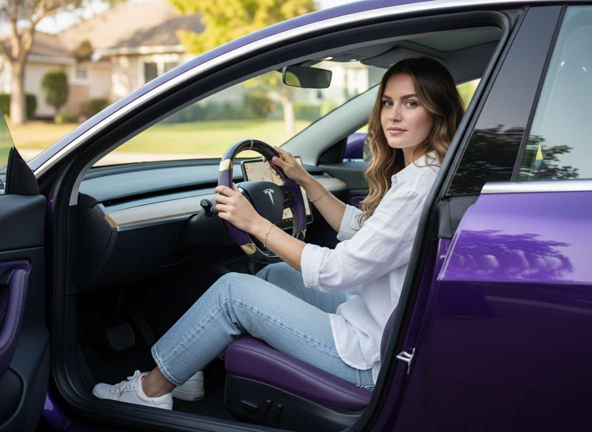 Purple and gold Carbon Fiber Tesla Model 3 Steering Wheel -DYNA(2017-2023.9) Axeco