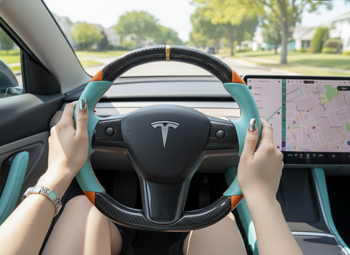 Light blue and orange Carbon Fiber Tesla Model 3 Steering Wheel -DYNA(2017-2023.9) Axeco