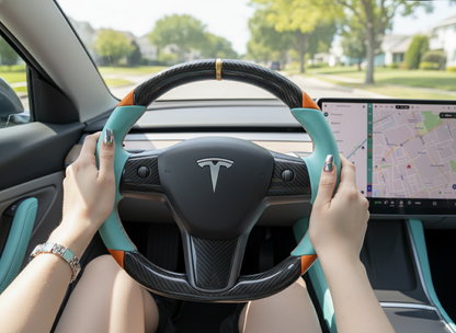 Light blue and orange Carbon Fiber Tesla Model 3 Steering Wheel -DYNA(2017-2023.9) Axeco