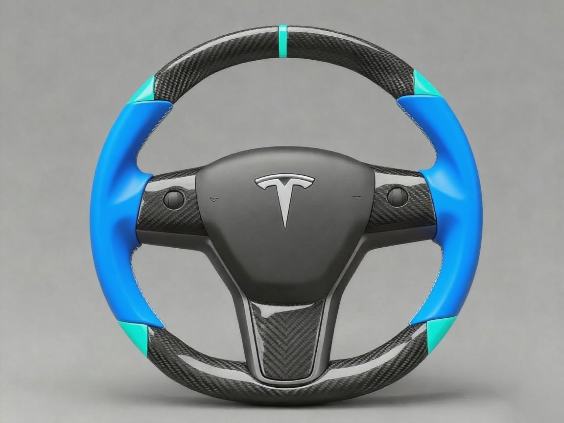 Blue and light blue leather black carbon fiber Tesla Model Y steering wheel - DYNA (2020-2024) Axeco