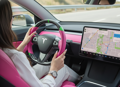 Pink and green leather black carbon fiber Tesla Model Y steering wheel - DYNA (2020-2024) Axeco