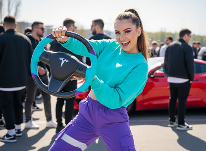 Light blue and purple leather black carbon fiber Tesla Model Y steering wheel - DYNA (2020-2024) Axeco