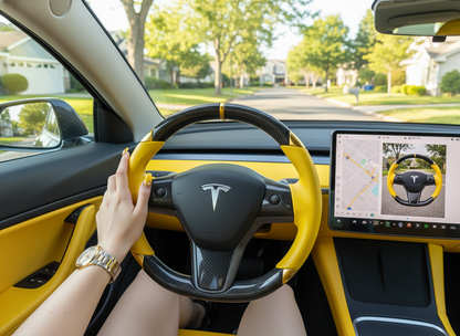 Yellow and gold leather black carbon fiber Tesla Model Y steering wheel - DYNA (2020-2024) Axeco