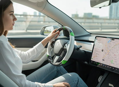 White and green leather black carbon fiber Tesla Model Y steering wheel - DYNA (2020-2024) Axeco