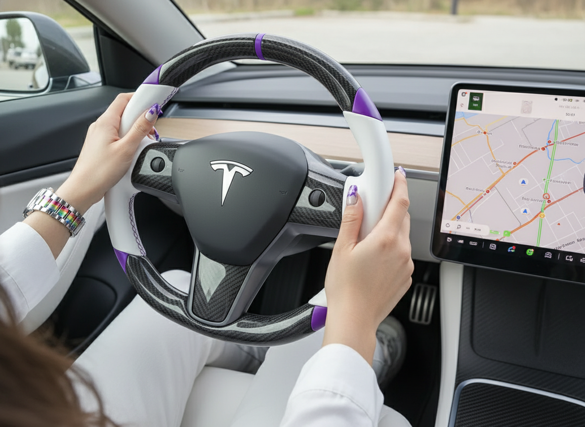 White and purple leather black carbon fiber Tesla Model Y steering wheel - DYNA (2020-2024) Axeco