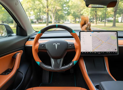 Orange and light blue leather black carbon fiber Tesla Model Y steering wheel - DYNA (2020-2024) Axeco