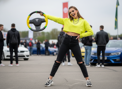 Yellow and green leather black carbon fiber Tesla Model Y steering wheel - DYNA (2020-2024) Axeco