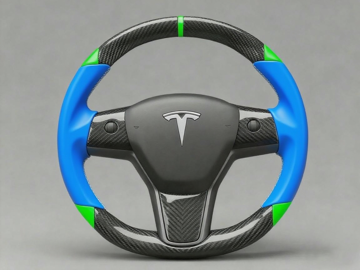 Blue and green leather black carbon fiber Tesla Model Y steering wheel - DYNA (2020-2024) Axeco