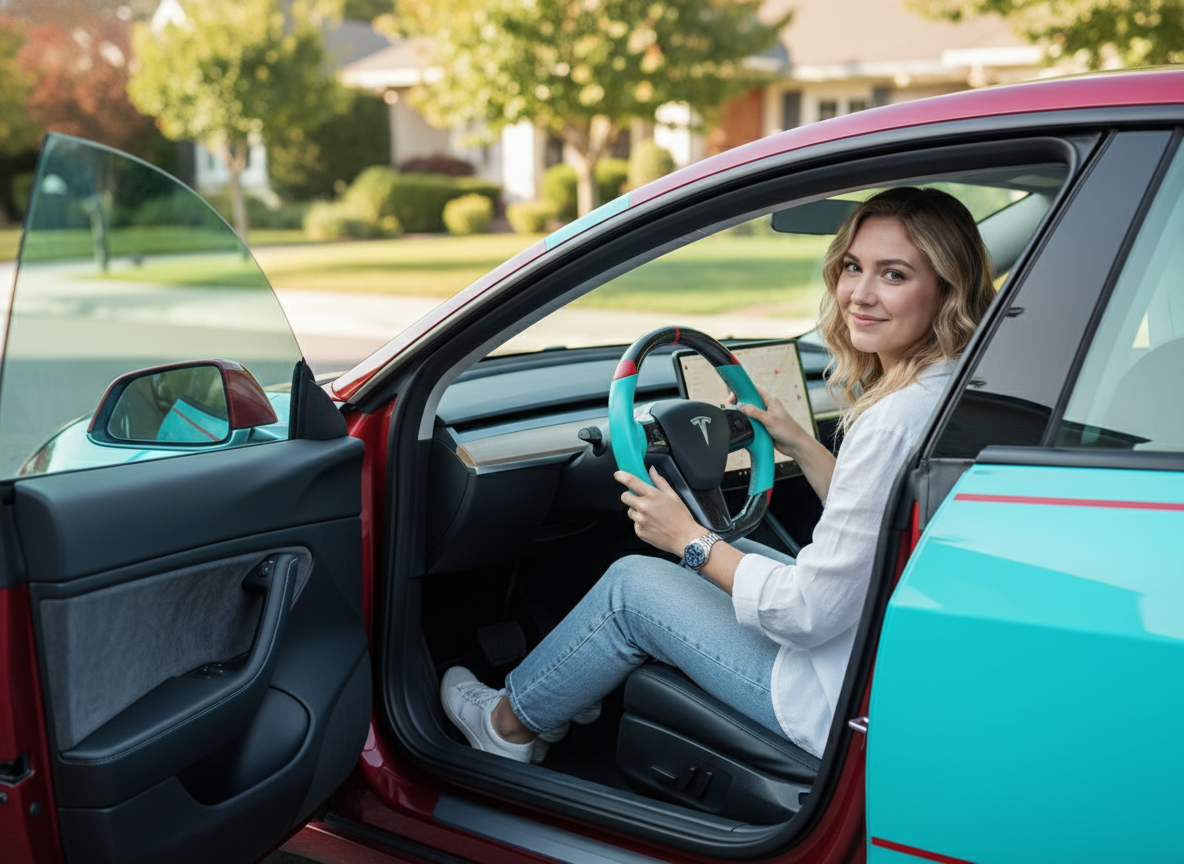 Mint green and red Carbon Fiber Tesla Model 3 Custom Steering Wheel -DYNA(2017-2023.9) Axeco