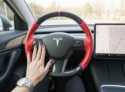 Red and pink Carbon Fiber Tesla Model 3 Custom Steering Wheel -DYNA(2017-2023.9) Axeco