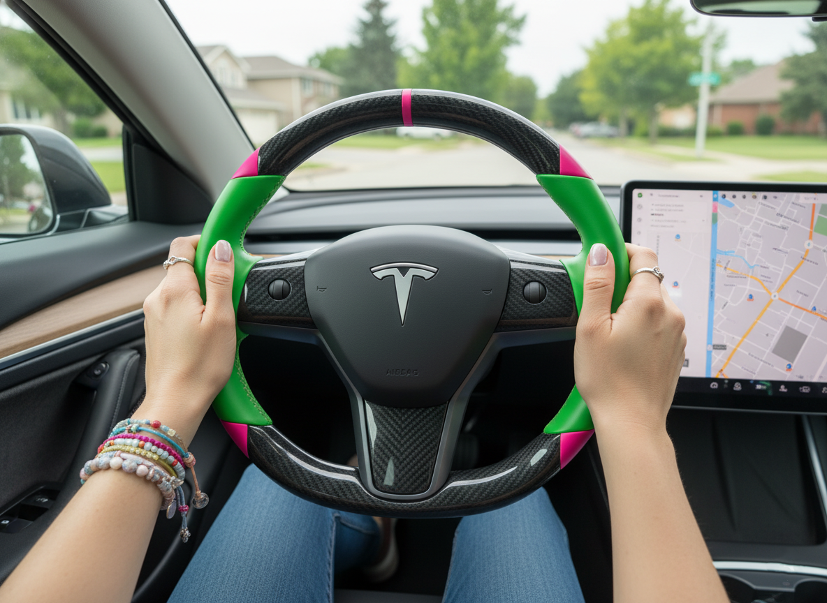 Green and pink Carbon Fiber Tesla Model 3 Custom Steering Wheel -DYNA(2017-2023.9) Axeco