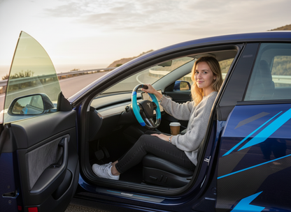light blue leather black carbon fiber Tesla Model Y steering wheel - DYNA (2020-2024) Axeco