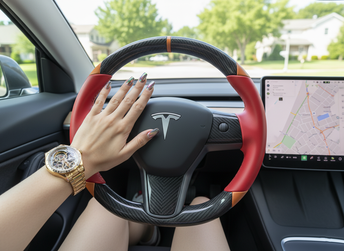 Red and orange Carbon Fiber Tesla Model 3 Custom Steering Wheel -DYNA(2017-2023.9) Axeco